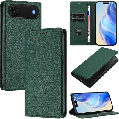 Produktbild von Litchi Leder Handyhülle für iPhone Air Wallet Kartenfächer Standfunktion Hülle Grün