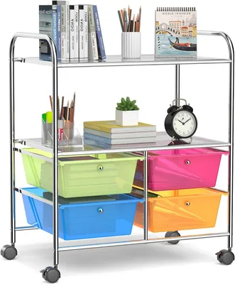 Produktbild von Rollwagen mit 4 Schubladen stapelbar, Schubladenwagen mit 2 Ablageflaechen & Metallgestell, Badrollwagen Küchenwagen mit feststellbaren Rollen, Aufbewahrungswagen Rollcontainer 63,5x37x75 cm
