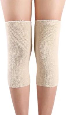 Produktbild von Volleyball-Kniebeschermungen, ein Paar beige elastische Kniebeschermungen, 28 x 12 cm, Anti-Slip, atmungsaktiv und elastisch, für Fitness und Yoga.