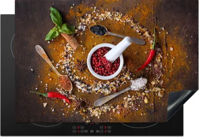 Produktbild von KitchenYeah© Herdabdeckplatte Mörser - Kräuter - Löffel - Gewürze - Braun - Pfeffer , 78x52cm, Küche Deko, Glaskeramikkochfeld Herdabdeckung, Abdeckplatte fùr Kochfeld