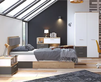 Produktbild von Jugendzimmer Set 4-teilig TOMAR-129 mit Bett 120x200cm in Eiche Nb. mit weiß und grau