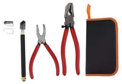 Produktbild von Glasschneider-Werkzeugsatz, Brecherzange, gebogene Backe, Laufstift, 2 Klingen mit Öltropfer, Schraubenantrieb