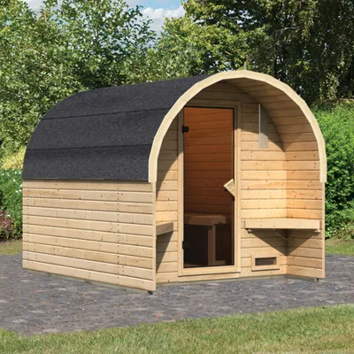 Image de Sauna en tonneau Karibu Sauna en tonneau 3 bancs en bois, sauna avec paroi de 38 mm d'épaisseur Sauna extérieur