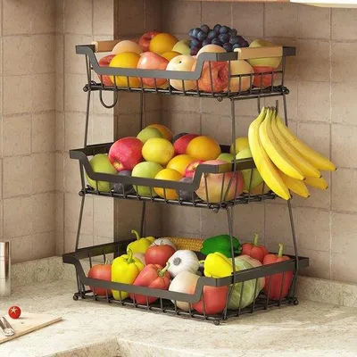 Produktbild von Famanu Obstkorb mit 3 Ebenen und Bananenhaltern - Metallorganizer für Gemüse und Brot