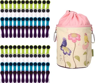 Produktbild von 96 Wäscheklammern mit Softgrip Blau Grün Weiß Lila Anthrazit und 1 bellaCott Wäscheklammerbeutel Vögel auf Blumen