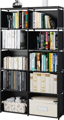Image de Bibliothèque verticale, meuble de rangement multifonctionnel, double rangée, 10 compartiments, multifonctionnel, noir