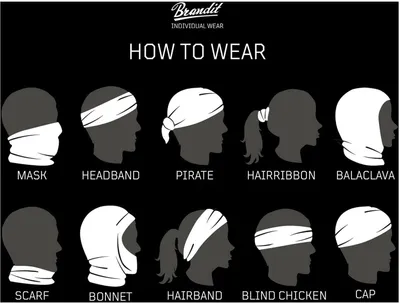 An instructional diagram showing different ways to wear a multifunctional scarf or bandana.