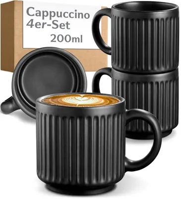 Produktbild von Cosumy 4er Cappuccino Tassen Set Schwarz – 200ml Kaffee Tasse aus Keramik ohne Henkel – stapelbar vertikal Rillenoptik – Cappuccinotasse 4er Set