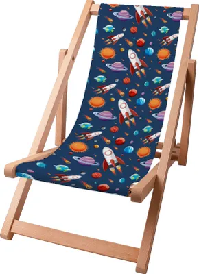 A wooden deck chair with a fabric seat featuring a space-themed pattern of rockets, planets, and stars.