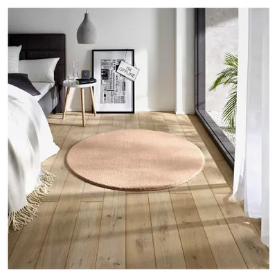 Produktbild von Waschbarer Kurzflor Teppich mit Anti-Rutsch-Beschichtung | Flauschiger Flachflor für Badezimmer, Wohnzimmer, Schlafzimmer, Kinderzimmer und Flur | 120 cm rund Beige
