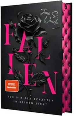 A book cover with a black rose and pink lettering.