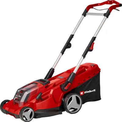 A red electric lawnmower with a black grass catcher bag, shown from a three-quarter front angle against a white background.