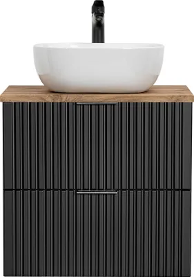 Produktbild von Badmöbel Waschtisch Set Unterschrank ADELAIDE-56-BLACK matt schwarz gerillt mit Wotan Eiche Nb., 42cm Keramik-Waschbecken, 2 Softclose-Schubkästen, B/H/T 60,6/73,7/46,5 cm