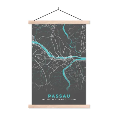 Produktbild von MuchoWow® Textilposter Stadtplan - Passau - Deutschland - Karte 40x60 cm mit holzfarbenen Rahmen - Poster