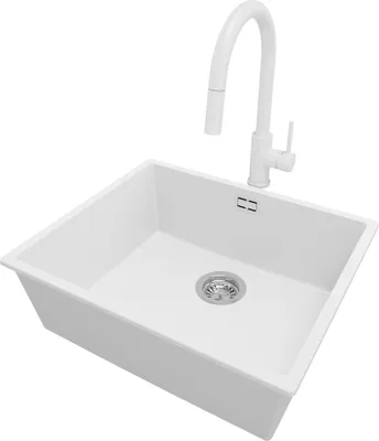 Produktbild von PRIMAGRAN Granitspüle Weiß 56x47cm, Spülbecken 1 Becken + Küchenarmatur 40x20cm + Ablauf-Set, Küchenspüle ab 60er Unterschrank - London Slim