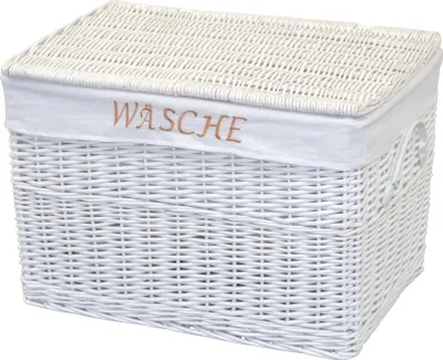A white wicker laundry basket with a lid and a fabric liner.