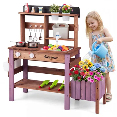Produktbild von COSTWAY Matschküche Outdoor, Spielküche mit Wasserhahn, Spülbecken, Pflanzkasten, Blumentopf & 15 Zubehörteile, Kinderküche, Holzküche für Kinder 3+