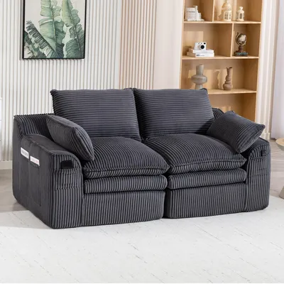 Produktbild von MODFU Zweisitzer Sofa,Modulares Sofa,Big Sofa mit Kissen & 2 Seitentaschen,Cord,Dunkelgrau