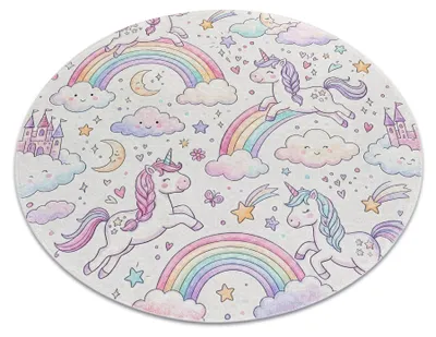 Produktbild von BAMBINO 61400 Kreis Waschteppich Einhorn, Regenbogen für Kinder Anti-Rutsch - creme / rosa beige rund 80 cm