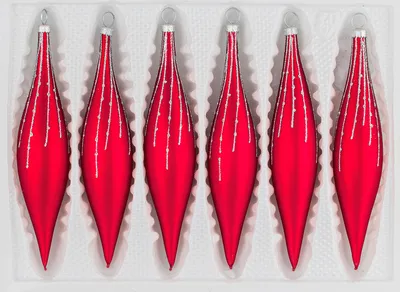 Six red glass icicle ornaments with silver glitter accents are arranged in a white plastic tray.