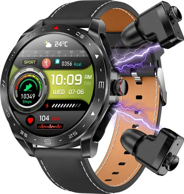 A smartwatch with attached earbuds, displaying fitness data and time.