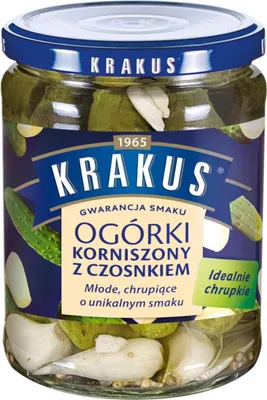 Zdjęcie produktu dla Krakus Ogórki korniszony z czosnkiem 500 g