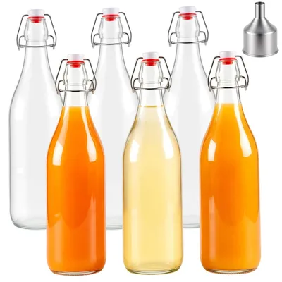 Obrázek produktu pro 6 skleněných lahví o objemu 1 litr se šroubovacím uzávěrem, lahve na nápoje s nerezovým trychtýřem