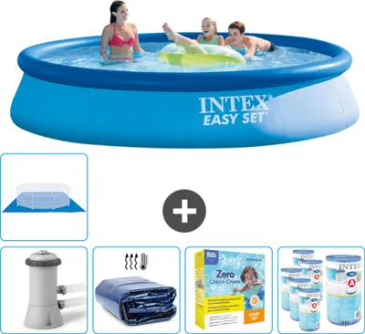 Immagine prodotto di Piscina gonfiabile rotonda Easy Set Intex - 396 x 84 cm - blu - pompa inclusa - tenda da sole - pacchetto manutenzione - filtro - telo di fondo