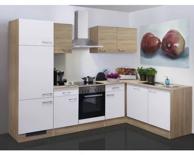 Obrázok produktu pre Rohová kuchynská linka so spotrebičmi Flex Well Samoa 280 cm farba čela biela sonoma dub matná farba korpusu sonoma dub