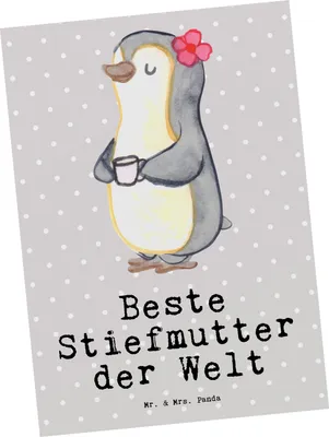 Produktbild von Mr. & Mrs. Panda Grußkarte Pinguin Beste Stiefmutter der Welt - Grau Pastell - Geschenk, Danke, Postkarten, Postkarte, Fotokarte, Muttertag, Ansichtskarte, Geschenkidee