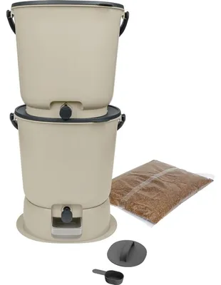 Produktbild von Skaza Bokashi Essential Biomülleimer Küche Set (2 x 15,3 Liter) + Base - Komposteimer Küche und Garten aus recyceltem Kunststoff - Starter Set + incl. 1 kg Fermentation Starter - Creme