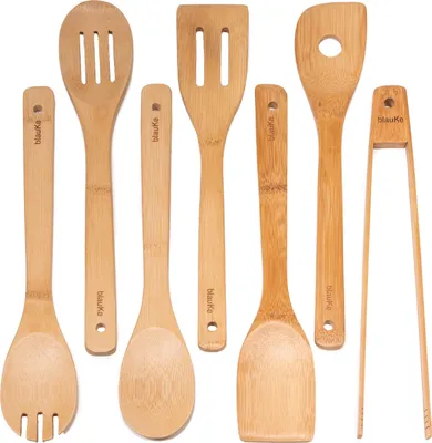 Produktbild von BlauKe® Küchenhelfer Set aus Holz 7-teilig - Küchenutensilien Pfannenwender Set - Kochlöffel Set, Spatel, Schaumlöffel, Zange, Wender, Rührlöffel
