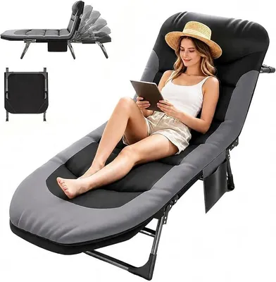 Imagen del producto de Cama plegable para exteriores con colchón, cama de camping ajustable, tumbona para pesca, cama plegable para invitados, ideal para uso en exteriores e interiores, camping, pesca. Silla reclinable plegable para jardín y viajes (negra)