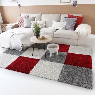Image de Tapis Unyqoos® Shaggy Trend – Tapis à poils longs, motif géométrique, rouge, dimensions 160 x 230 cm