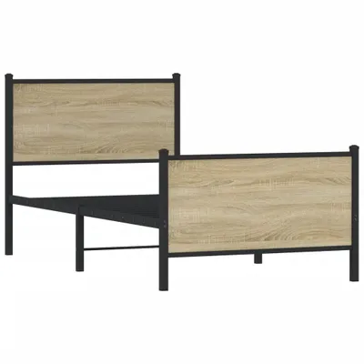 A metal bed frame with wooden headboard and footboard, shown from the side against a white background.