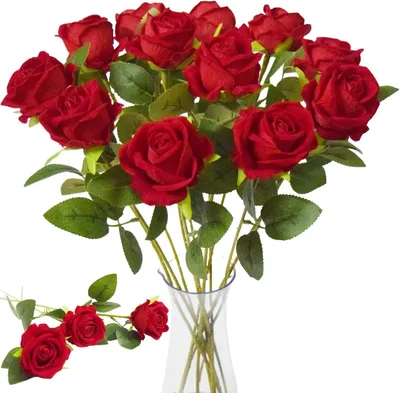 Produktbild von Kinisty 12 Bündel Künstliche Blumen Rot Fake Rosen, Plastikblumen Gefälschte Seidenrose wie Echt Kunstblumen für Garten Büro Hochzeit Geburtstag Geschenk und Decor