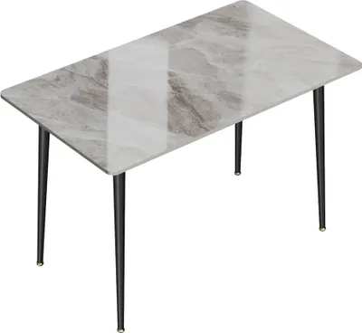 A rectangular table with a marble-like top and black metal legs, shown from a slightly elevated angle against a white background.