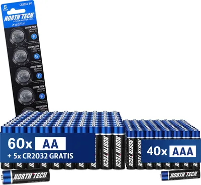 Produktbild von North Tech Ultra Alkaline Batterien – 60x AA + 40x AAA + 5x CR2032 GRATIS | Hochleistungs-Energiepaket | 1,5V | Langlebig, auslaufsicher & umweltfreundlich | 10 Jahre Haltbarkeit