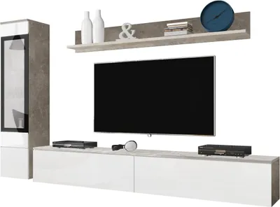Produktbild von MIRJAN24 Wohnwand Vera I, Stilvoll Wohnzimmer-Set, TV-Schrank, Modern Mediawand (Beton / Weiß Hochglanz, ohne Beleuchtung)