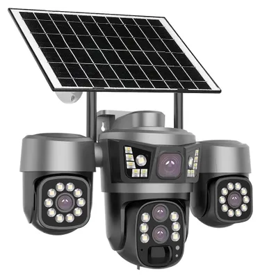 Produktbild von 4G-SIM-Solar-Außenüberwachungskamera, 4 Objektive/Bildschirme, 10-facher optischer Zoom, Personenerkennung, 360°-Schwenkfunktion, drahtlose Überwachung, 24-Stunden-Aufzeichnung