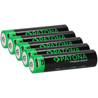 Immagine prodotto di 5x batteria PATONA Premium 18650 agli ioni di litio + ingresso USB-C 3,7V 3300mAh