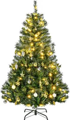 Zdjęcie produktu dla HOMCOM Sztuczna choinka bożonarodzeniowa 150 cm Sztuczna jodła z oświetleniem LED, bombkami, choinka z 511 końcówkami, 6 szyszkami, dekoracja świąteczna w zestawie z metalowym stojakiem do wnętrz