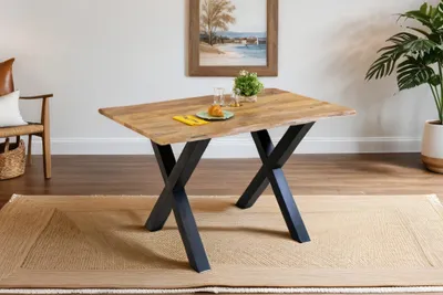 Produktbild von Baumkantentisch Mangoholz Esstisch Vintage-Optik 120 x 80 cm X-Gestell schwarz TIGER