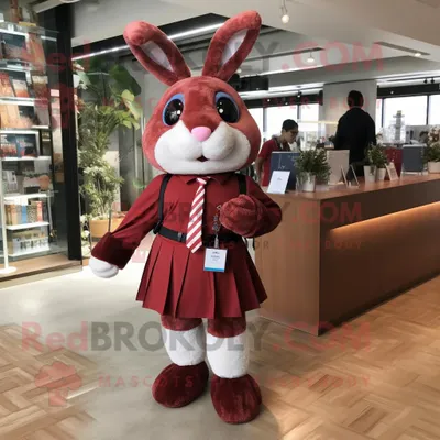 Produktbild von Kastanienbrauner REDBROKOLY Hase Maskottchen Kostüm charakter bekleidet mit einem Minirock und Krawattennadeln