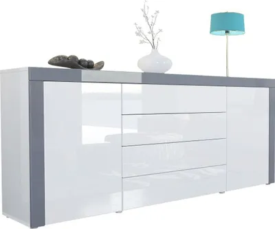 Produktbild von Vladon Sideboard Kommode La Paz, Germany, Korpus in Weiß Hochglanz / Front in Weiß Hochglanz mit Rahmen in Grau Hochglanz