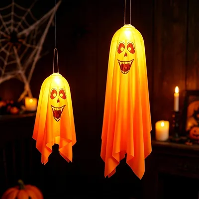 Halloween-Hänger, 2 LED-Geister, 90 cm & 45 cm, orange