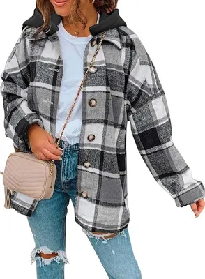 Produktbild von Damen Flanellkaro-Hoodie-Jacken mit Knopfverschluss, Kordelzug-Kapuzenhemden, Herbstmanteljacken mit Taschen, Schwarz