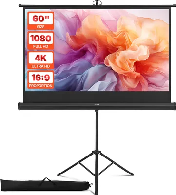 Immagine prodotto di VEVOR schermo di proiezione a treppiede (60 pollici) con grandangolo a 160°, schermo per proiettore da interno ed esterno 16:9 4K HD, schermo cinematografico portatile con borsa di trasporto per presentazioni home cinema