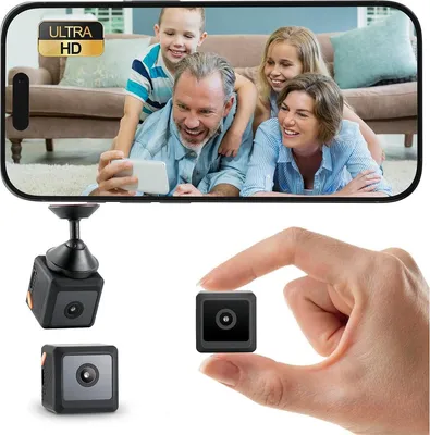 A collage showing a family taking a selfie on a phone, and three different views of a small black cube-shaped camera.