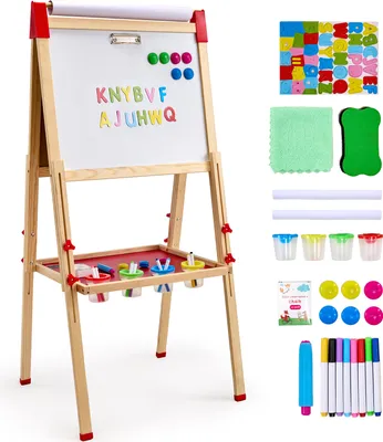 Obrázek produktu pro VEVOR výtvarný stojan pro děti, dřevěný výtvarný stojan 3 v 1, oboustranný, s magnetickou tabulí, křídovou tabulí a rolí papíru, nastavitelná stojící kreslicí tabule
